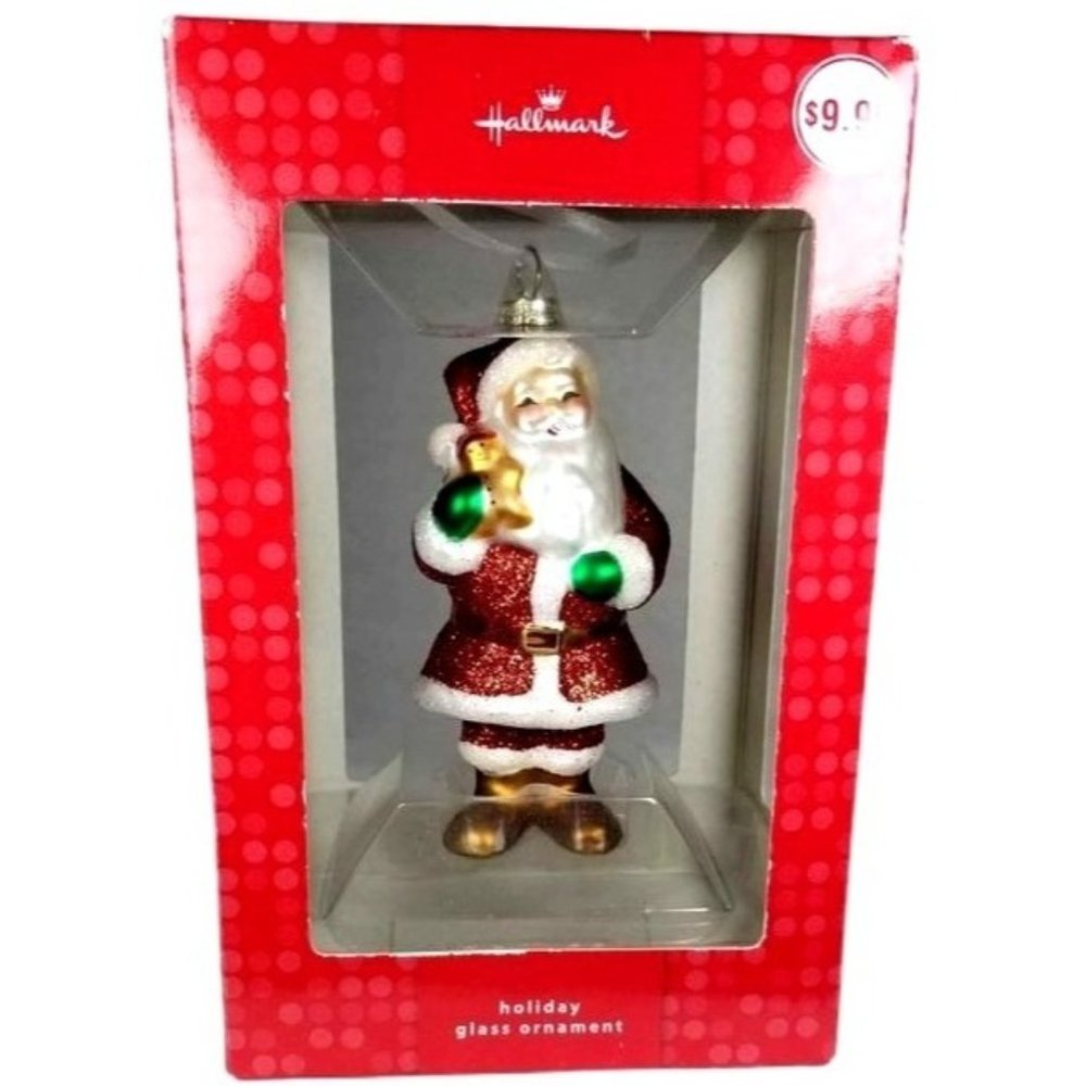 2009 Hallmark Glass Handpainted & Glitter Santa Ornament